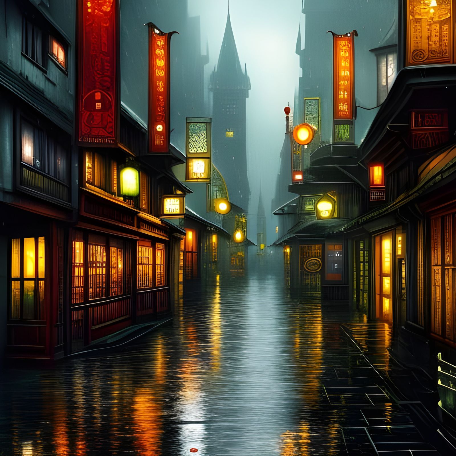 Rainy Medieval Cityscape in Cyberpunk Style