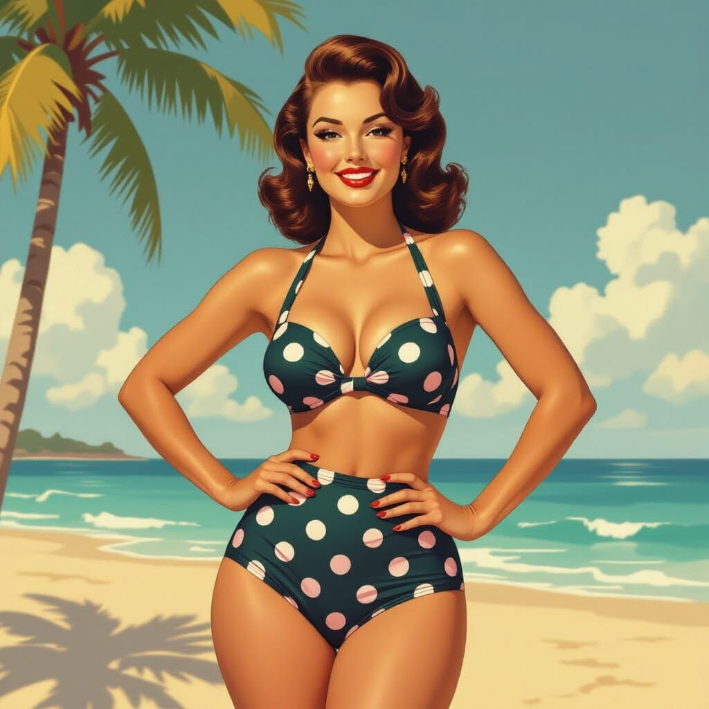 1950s Pinup Model Posing on Sunny Beach in Retro Bikini