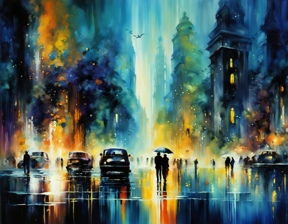 Underwater Cityscape in Klimt-Inspired Dripping Ink Style