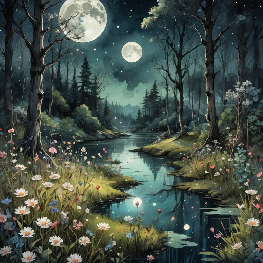 Moonlit Meadow in Digital Watercolor Style