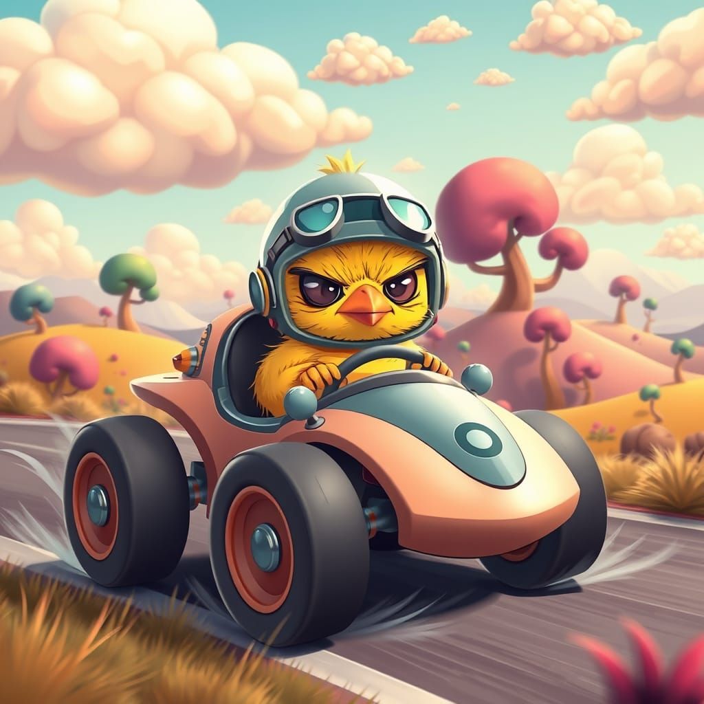 Grumpy Chick Races Through Whimsical Landscape