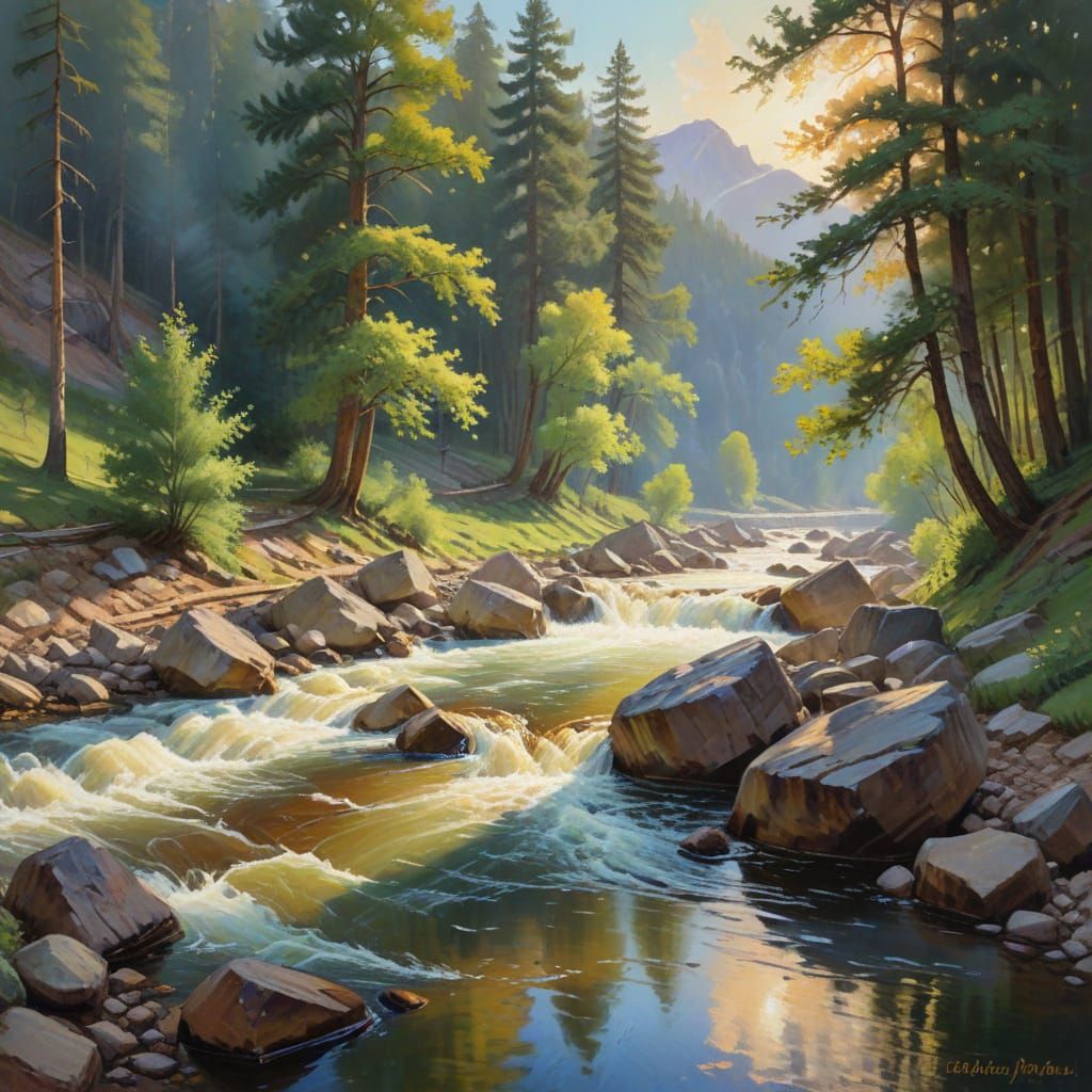 Impressionist Mountain River Scene with Gold Miners