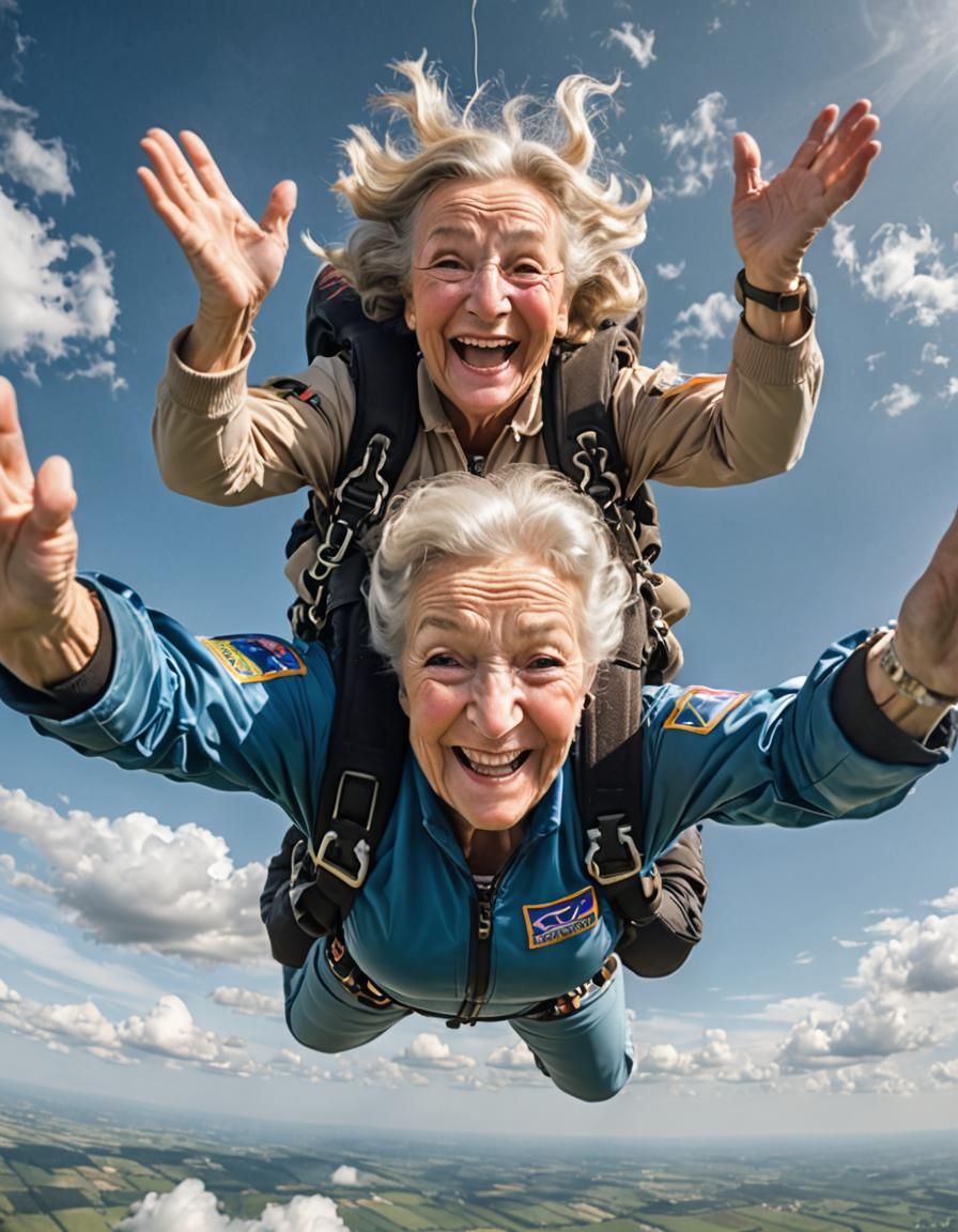 Happy Elderly Woman Skydiving Hero Shot