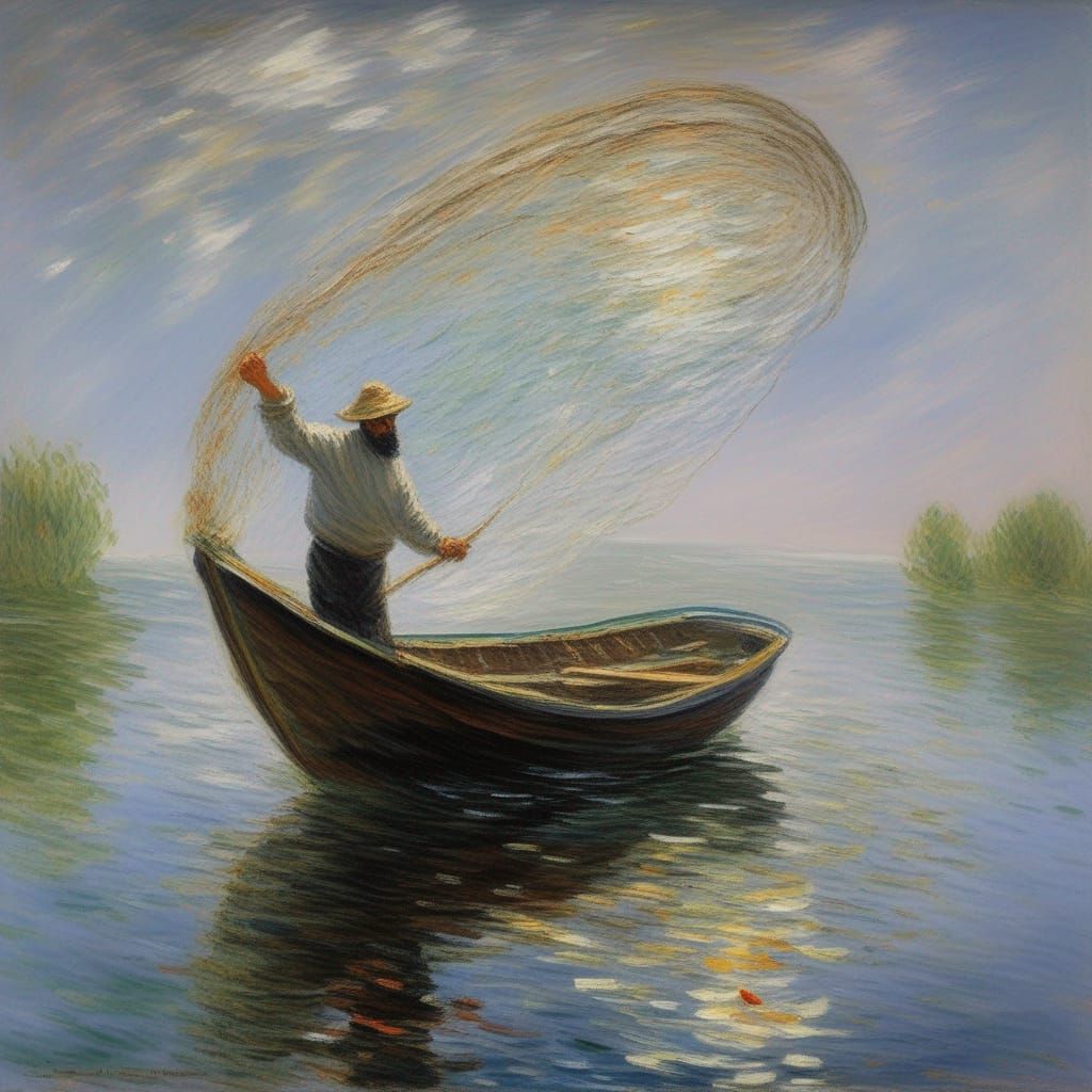 Fisherman Casts Net: Impressionistic Oil Painting