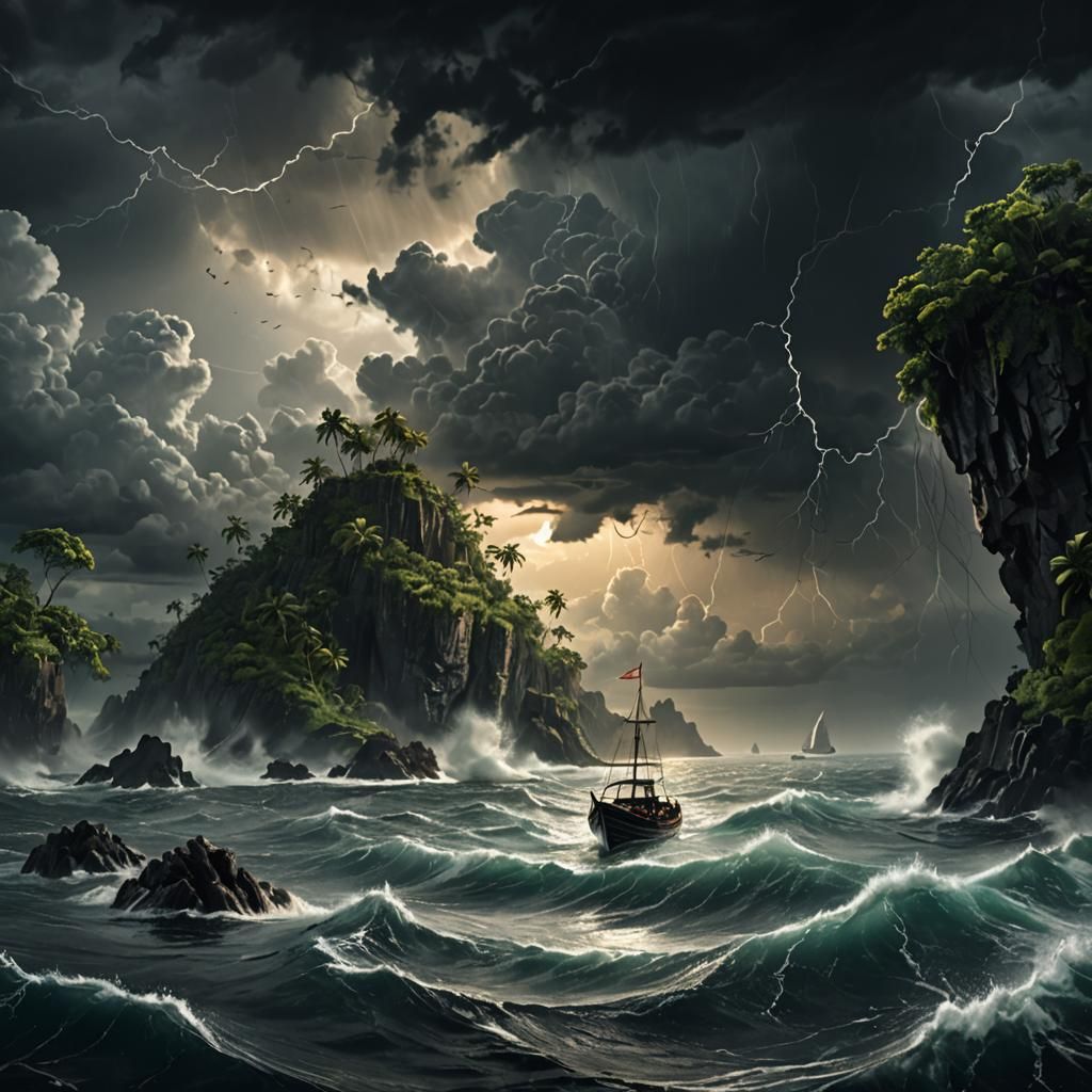 Foreboding Island: Stormy Voyage in Oil Painting Style