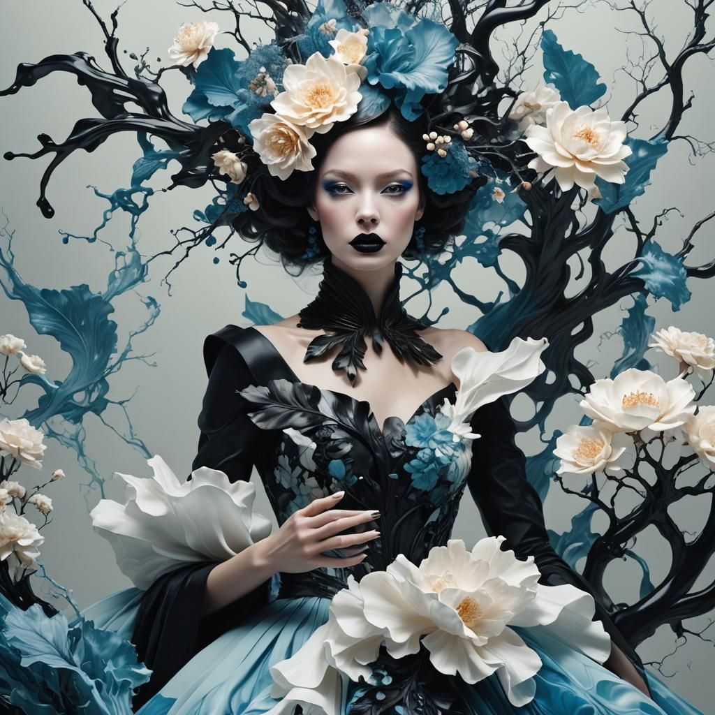 Woman in Avant-Garde Attire, Ink-in-Water Art