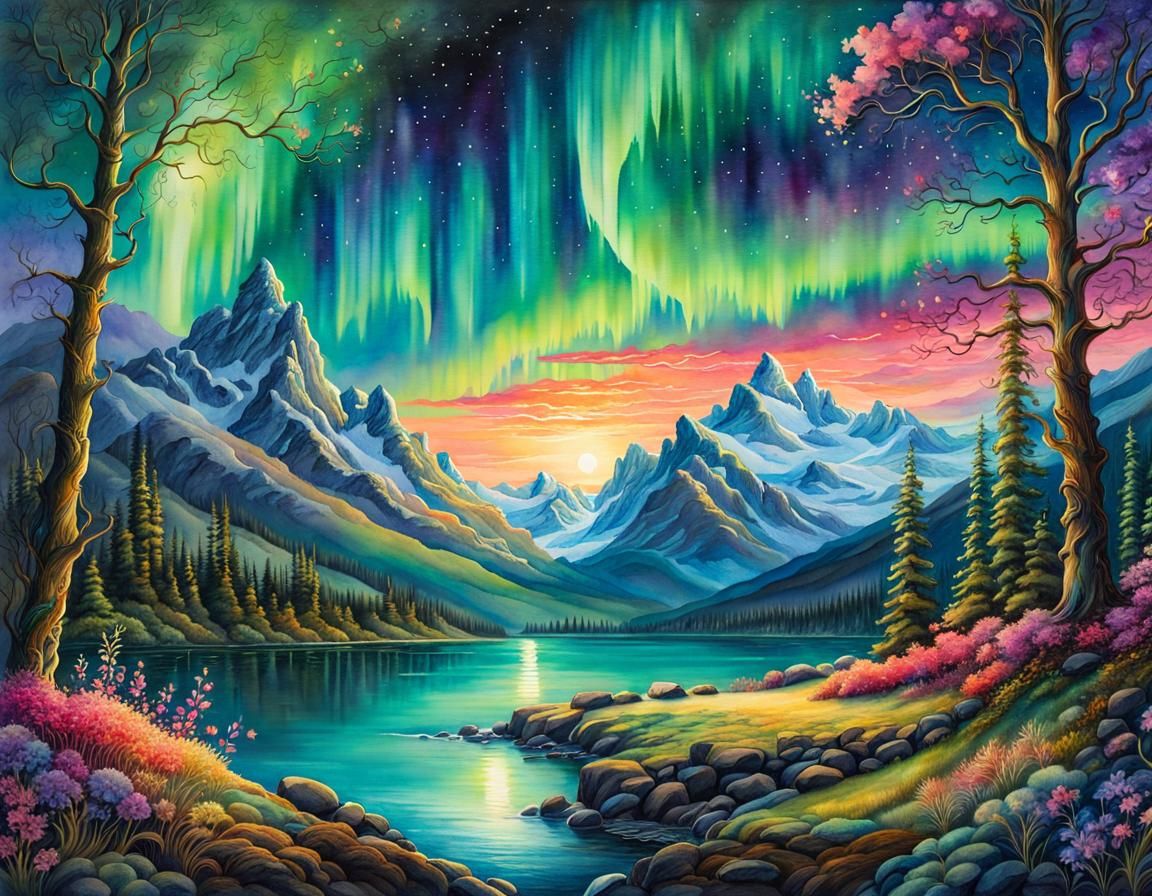 Aurora Borealis Fantasy Watercolor Landscape