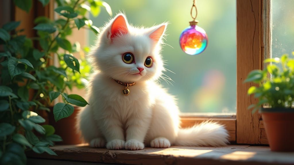 Rainbow Cat on Windowsill in Dreamy Realism