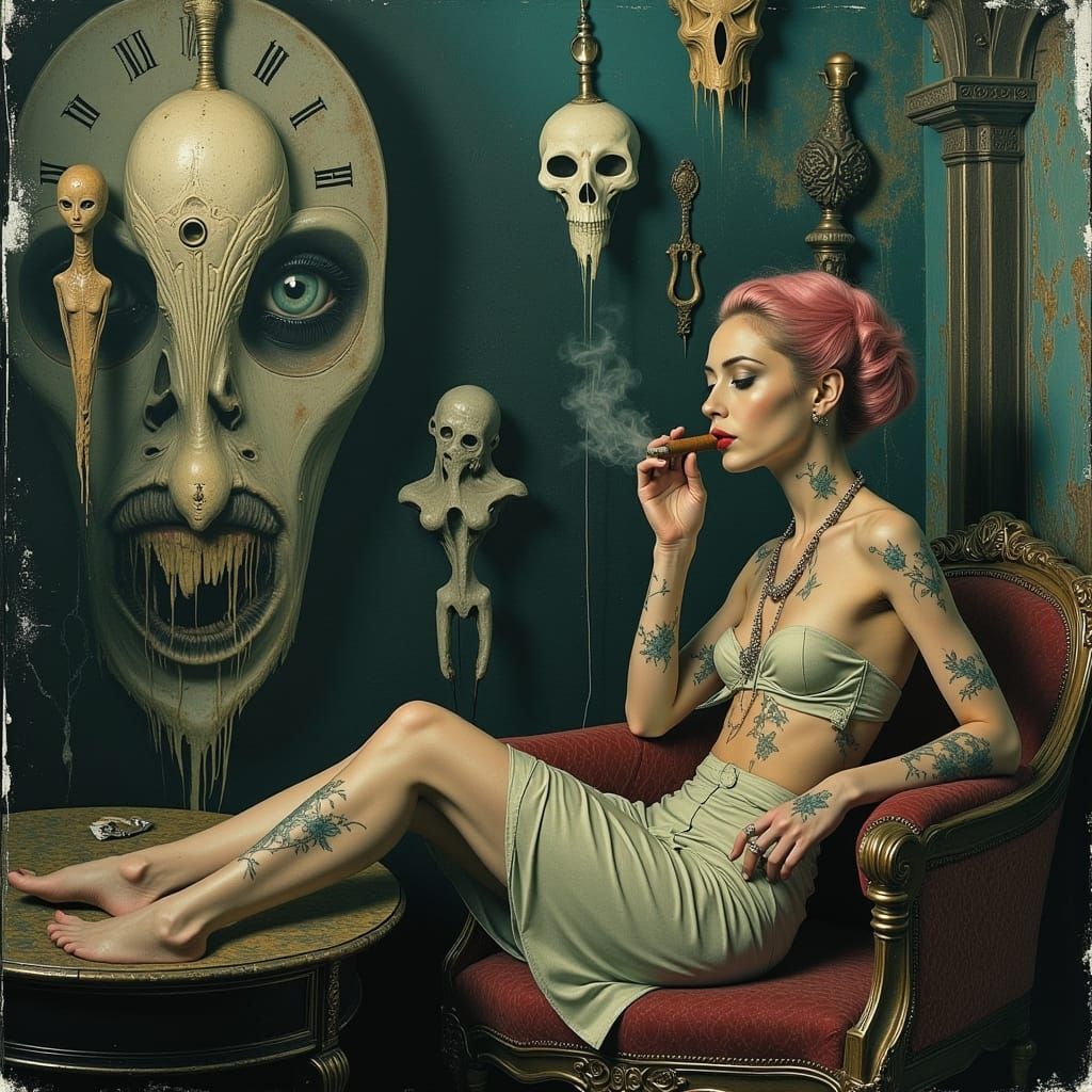 Surreal Dreamscape with Woman Smoking Cigar