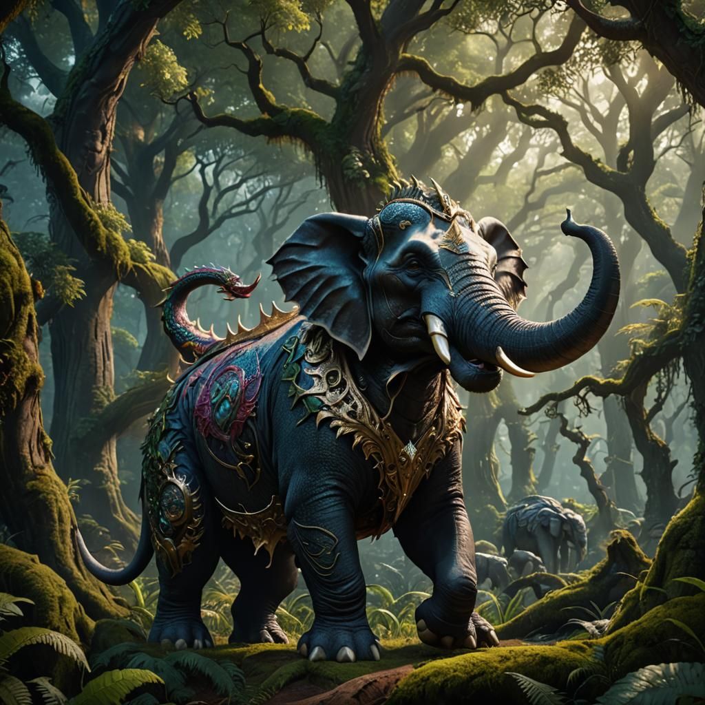Elephant Dragon Hybrid in Fantasy Forest