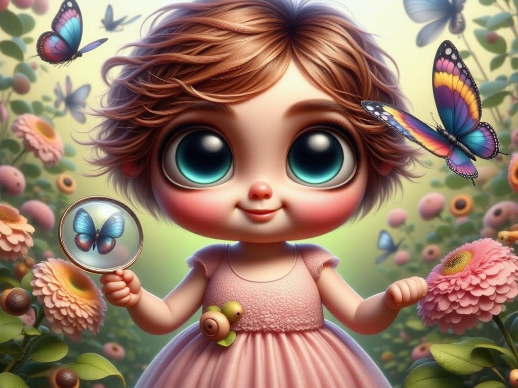 Whimsical Girl Observes Colorful Butterfly in a Garden