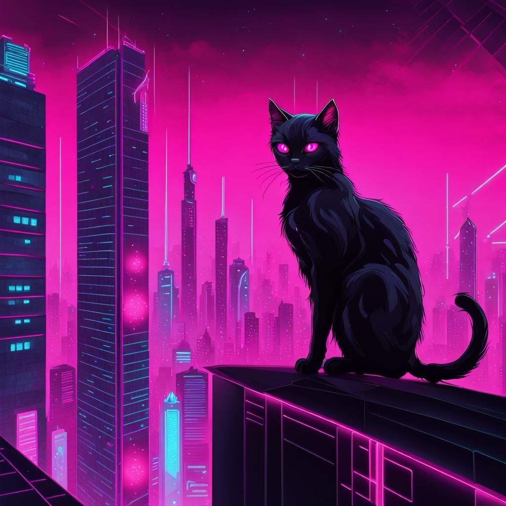 Neon-Eyed Cat Over Cyberpunk City