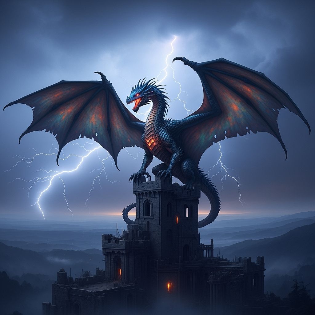 Majestic Dragon Perched on Ancient Castle Tower