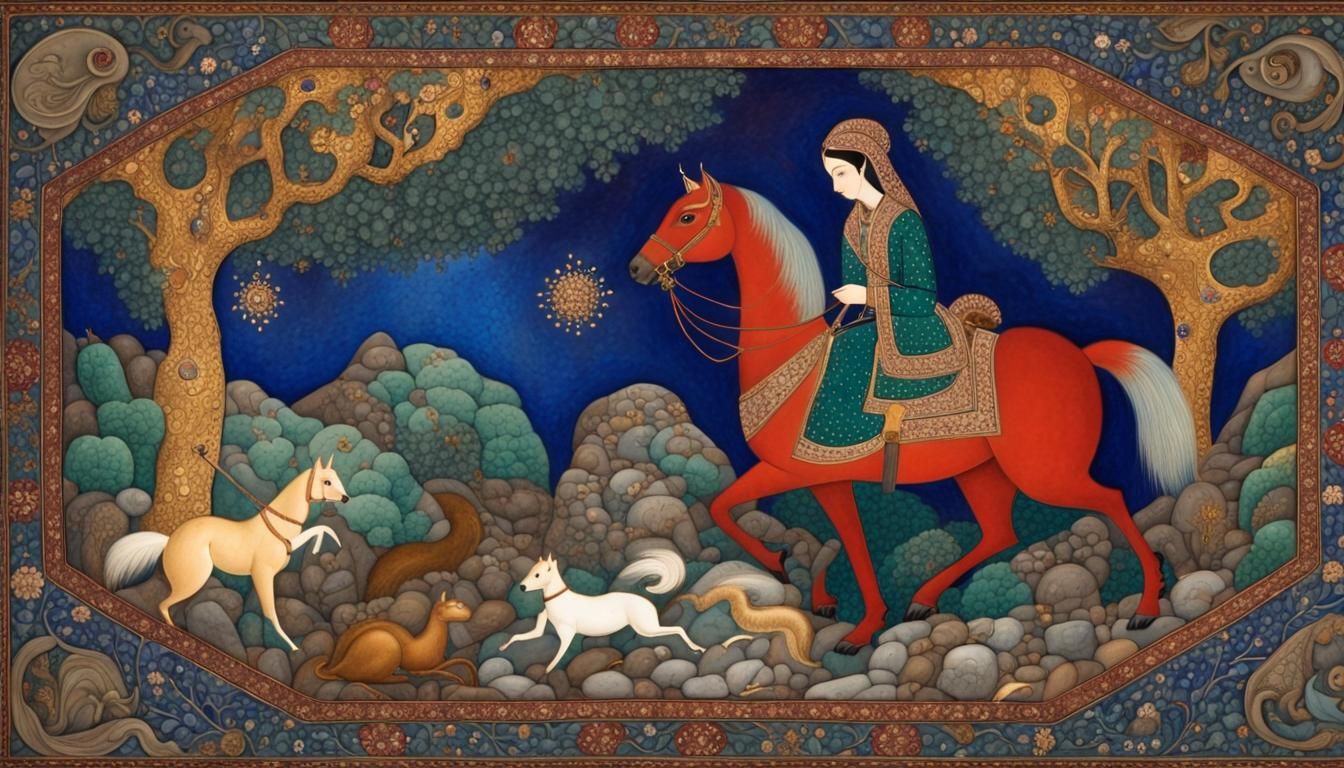 Noble Prince in Mystic Cave: Persian Miniature Painting Mast...