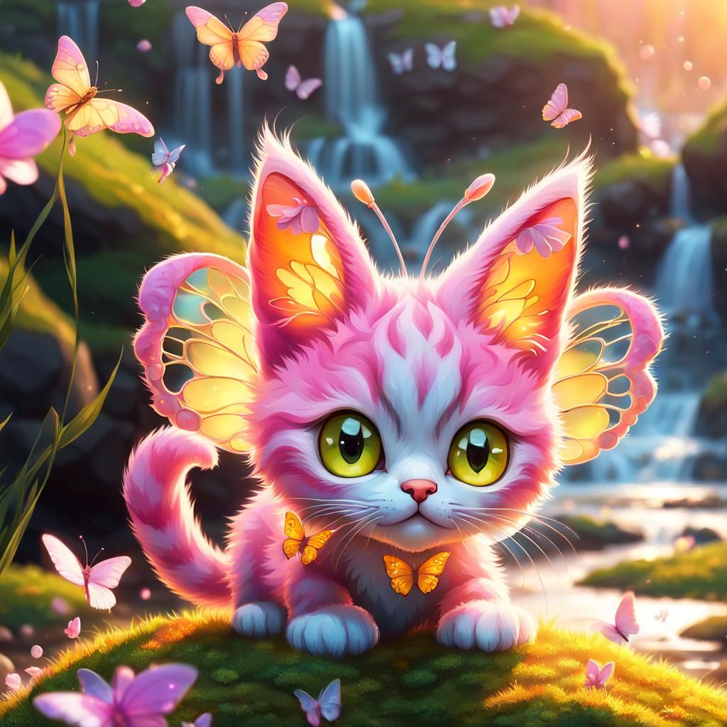 Microscopic Kitten with Crystal Wings in Sunset Light