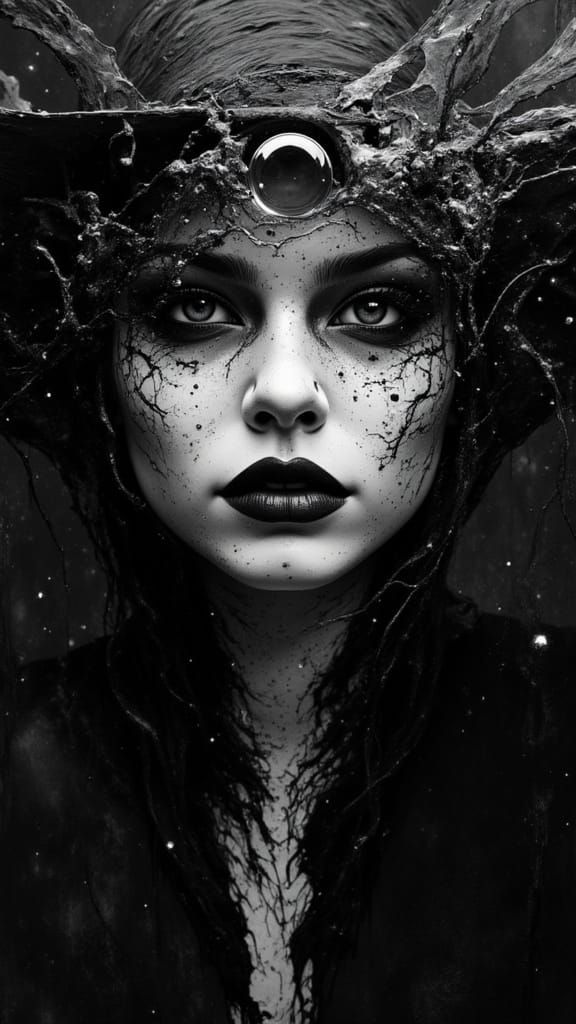 Monochromatic Witch Portrait in Black Glass