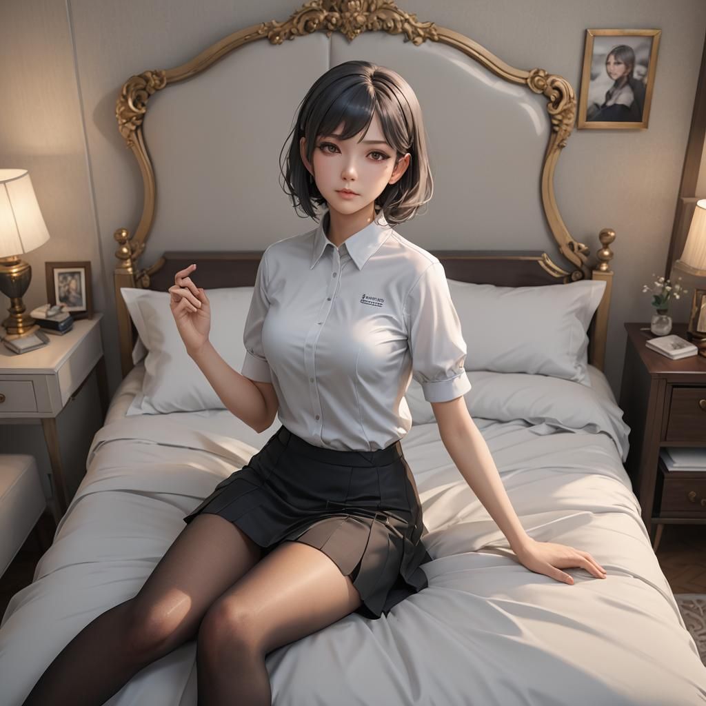 Anime Style Mature Female in Bedroom, 3D Art