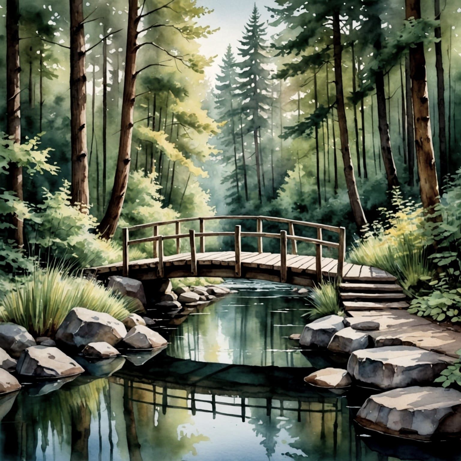 Peaceful Forest: Watercolor Bridge in Gouache Style