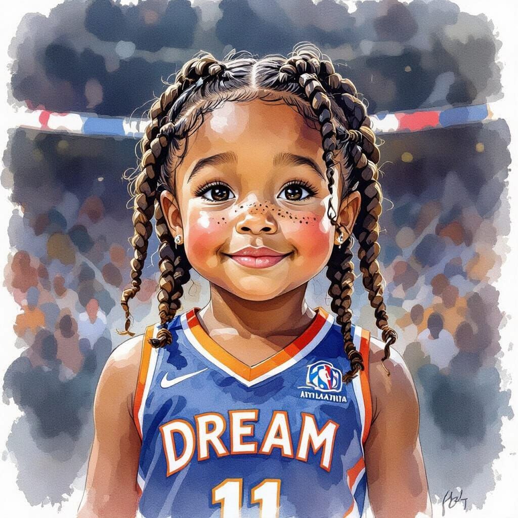 Cute Girl at Basketball Game, Watercolor Style