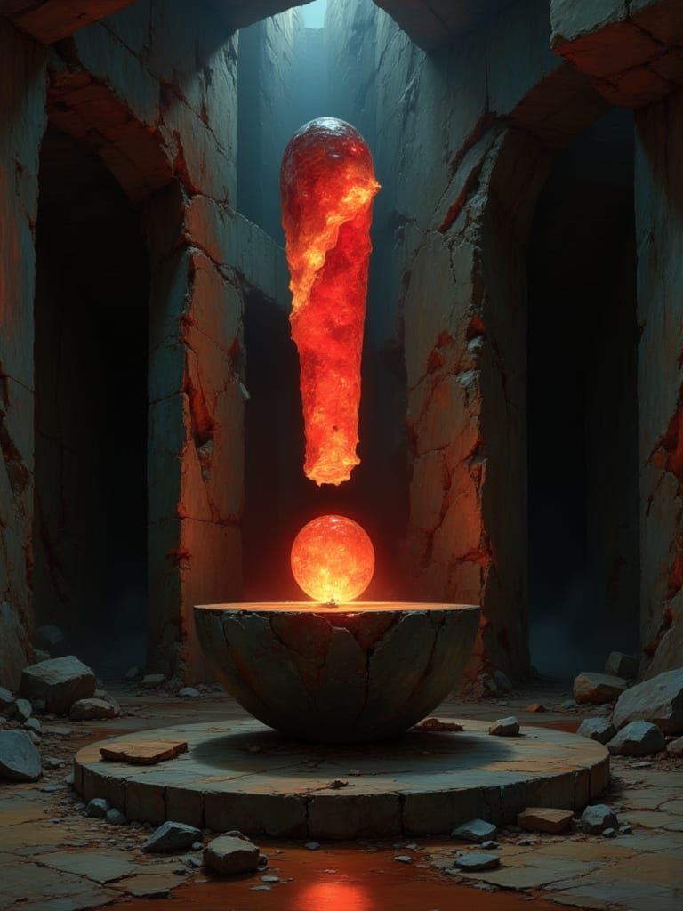 Crystalline Exclamation Mark in Brutalist Cave