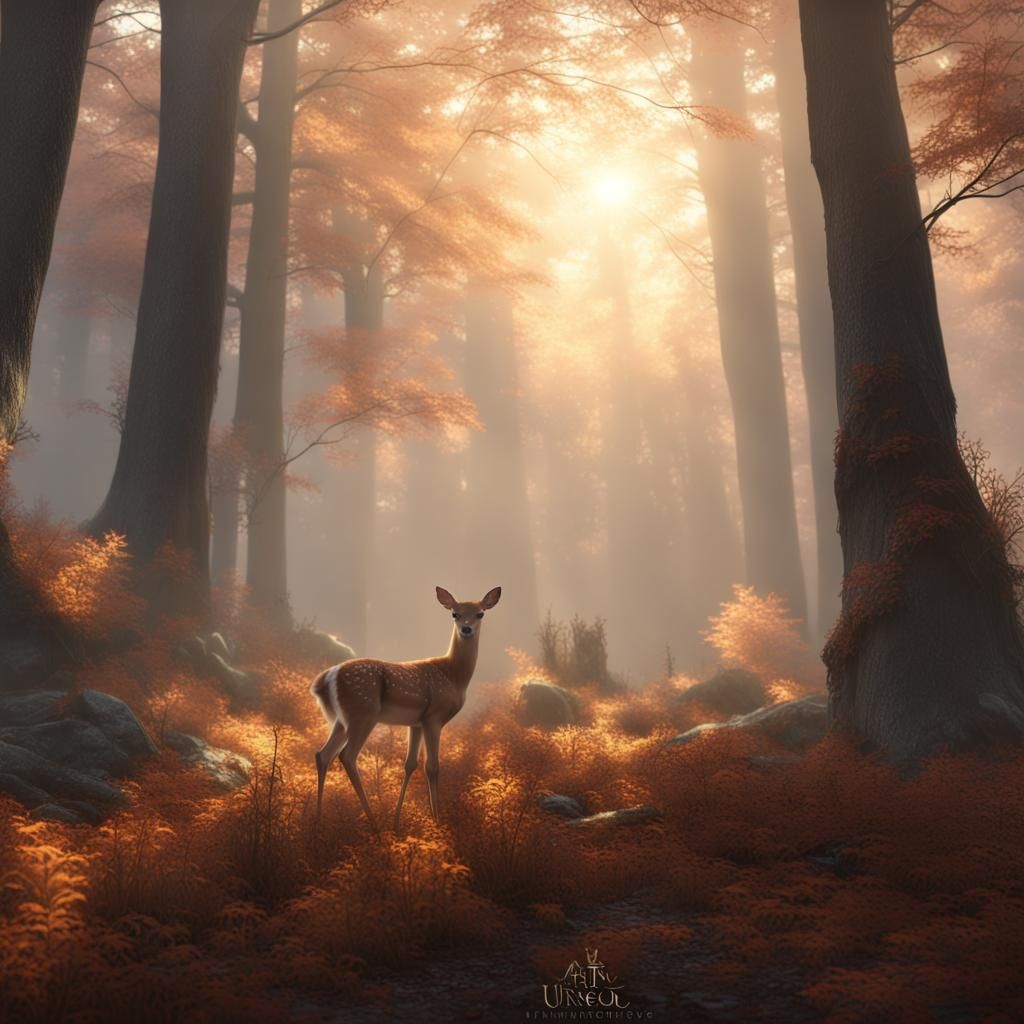 Enchanted Autumn Forest with Fawn and Girl
