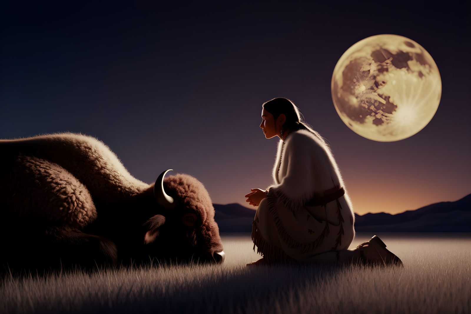 Native American Woman's Moonlit Prayer to Buffalo