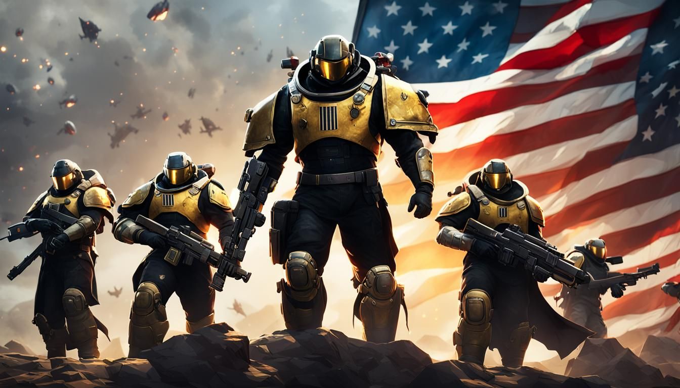 Helldivers 2 Team Posing in Front of Flag