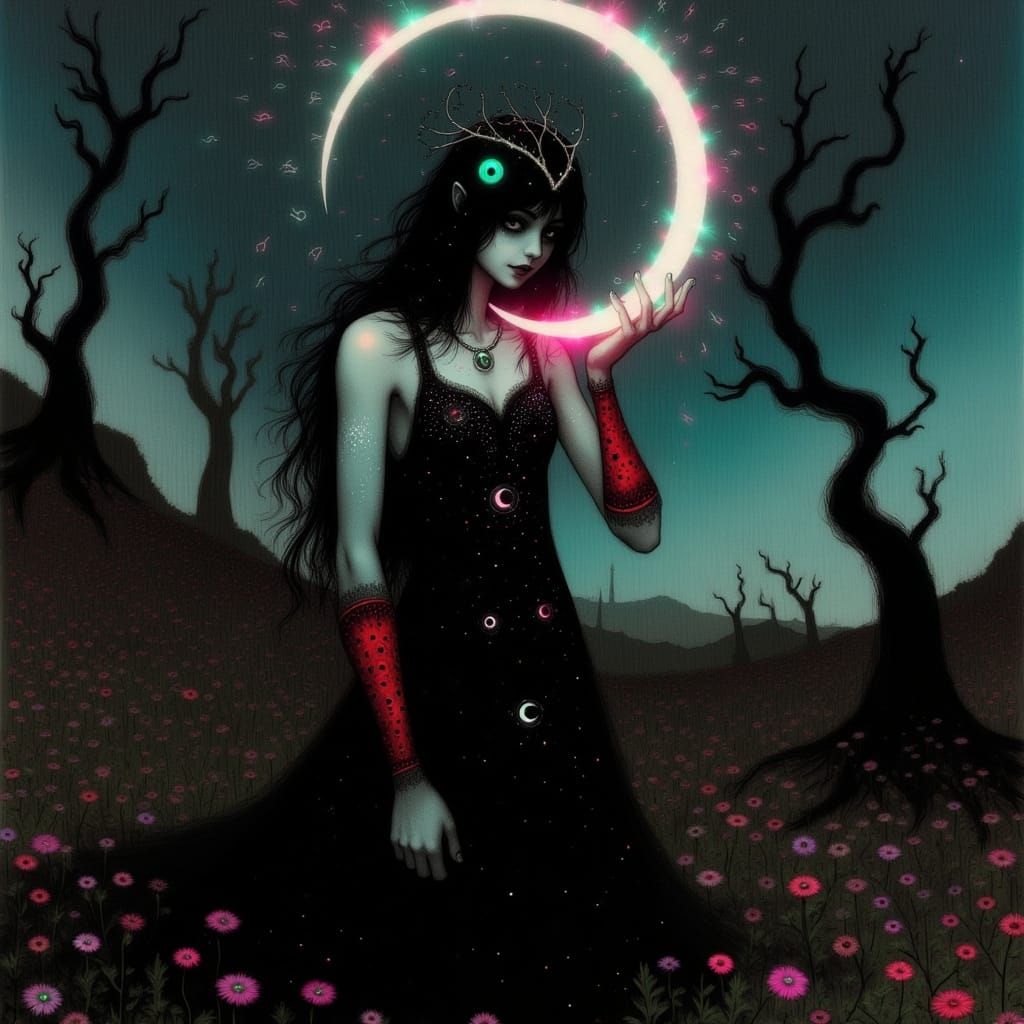 Moonlit Elf Maiden in Dark Fantasy Landscape