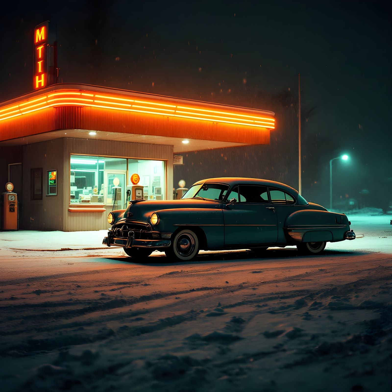 1950s Car at Gas Station on Snowy Night