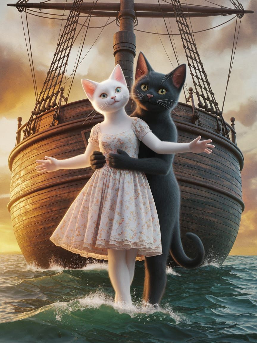 Whimsical Double Exposure of Two Cats at Sea in Watercolor S...