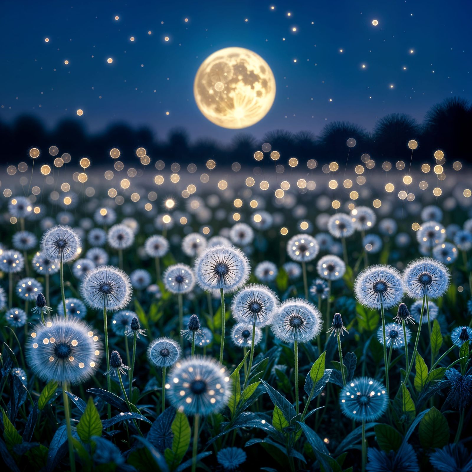 Moonlit Dandelions Shimmering with Bioluminescence