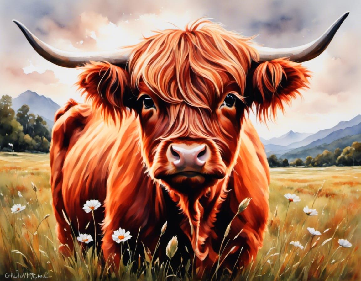 Baby Highland Cow in Field: Matte Painting