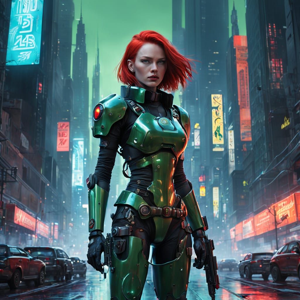 Cyberpunk Goddess with Red Hair and Sub-Machine Gun