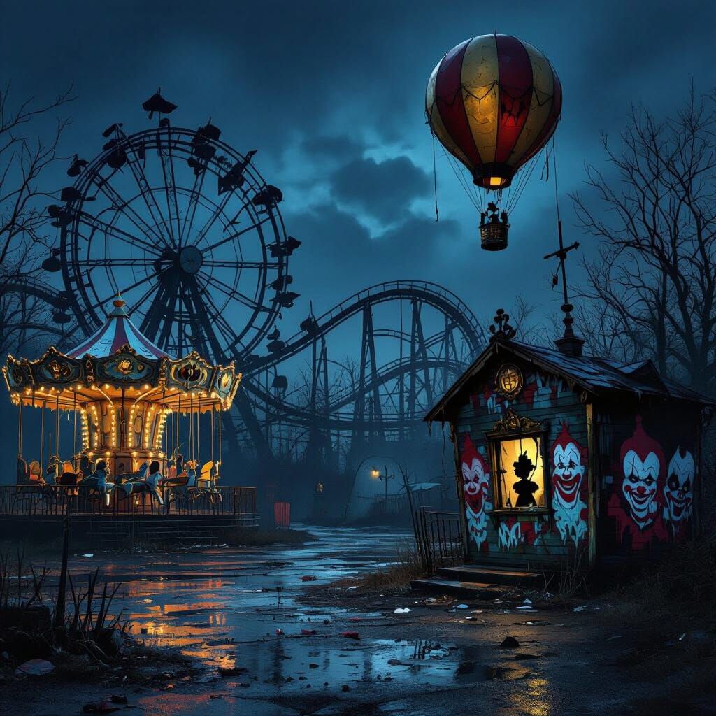 Abandoned Steampunk Theme Park at Night