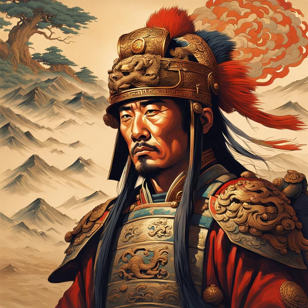 Chinese General with Lion Helmet in Ukiyo-e Style