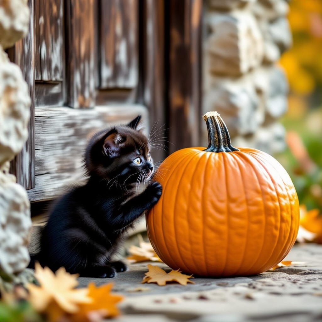 Curious Kitten Investigates Autumn Pumpkin