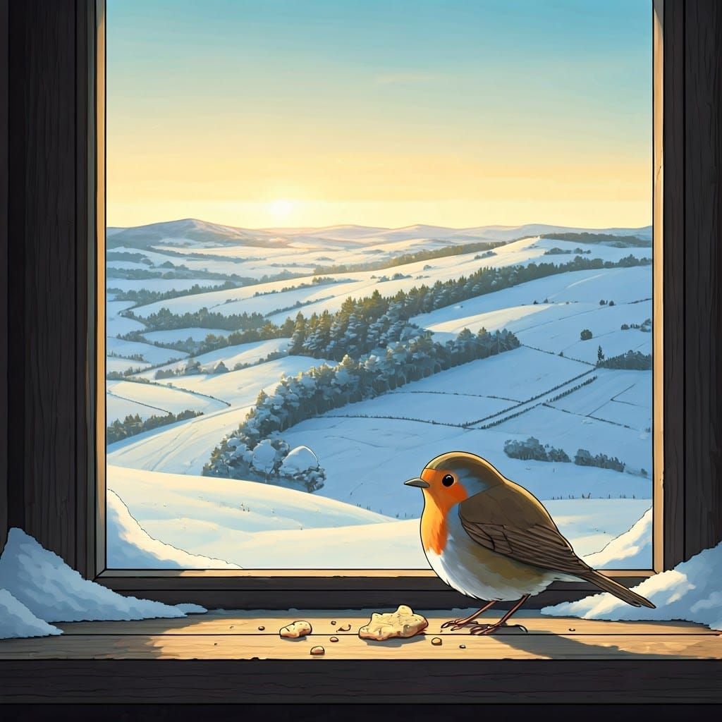 Robin at Cottage Window in Ghibli Style