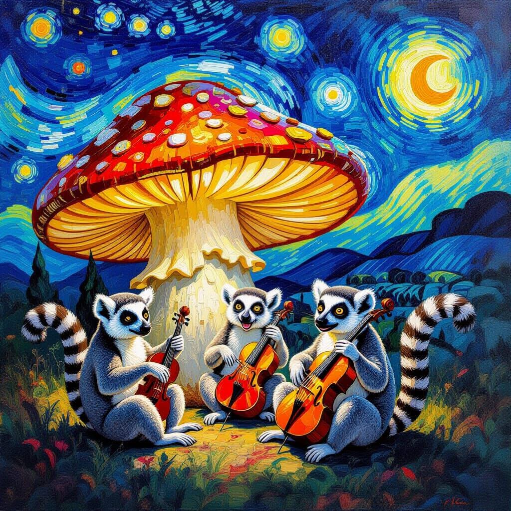 Surreal Lemurs Play Music in Glowing Mushroom House