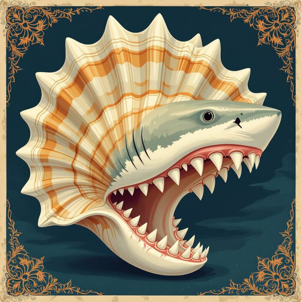 Elegant Conch Shell with Shark Teeth in Ukiyo-e Style