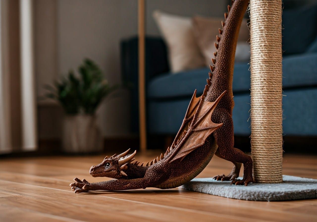 A Cozy Pet Dragon Stretches in a Modern Living Room
