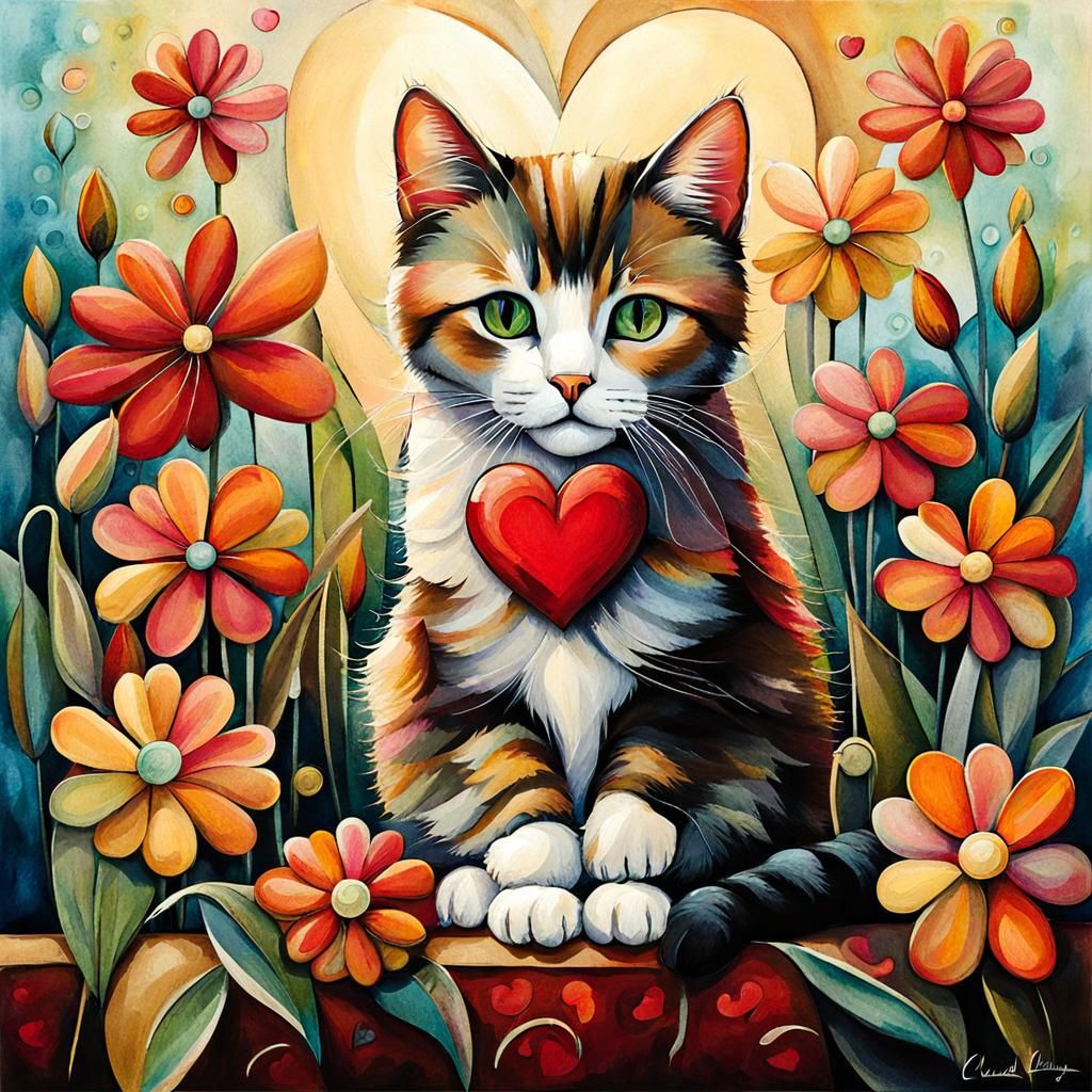 Cat Surrounded by Flowers in Surrealist Style