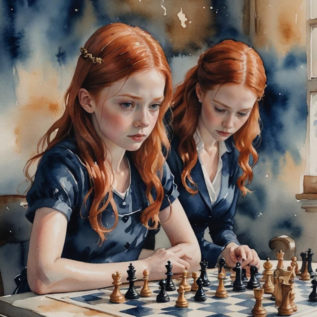 Girl Plays Chess in Watercolor Style