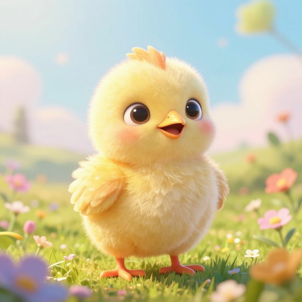 Joyful Chick in Fairytale Meadow Storybook Style
