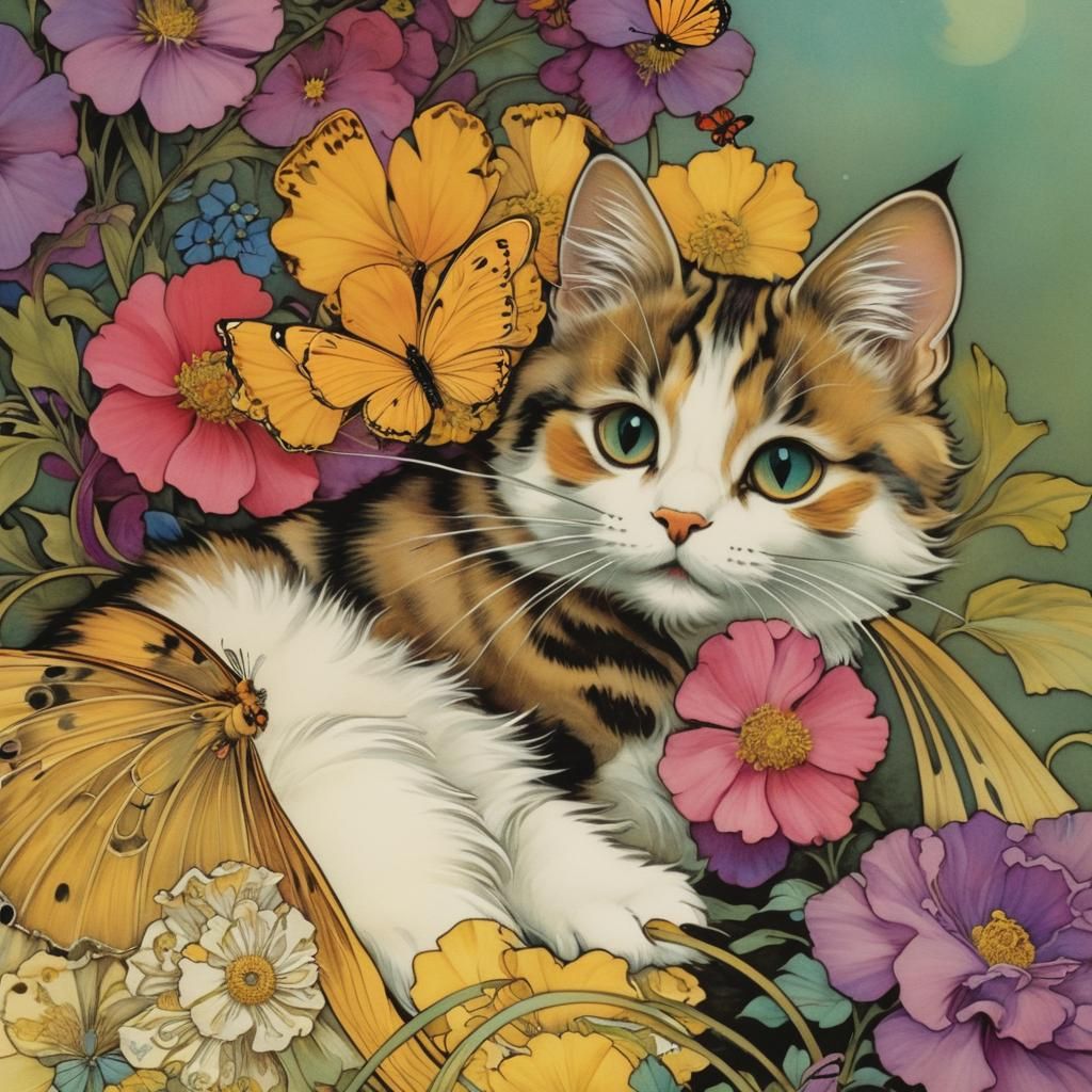 Cute Cat and Butterflies in Illustrative Style