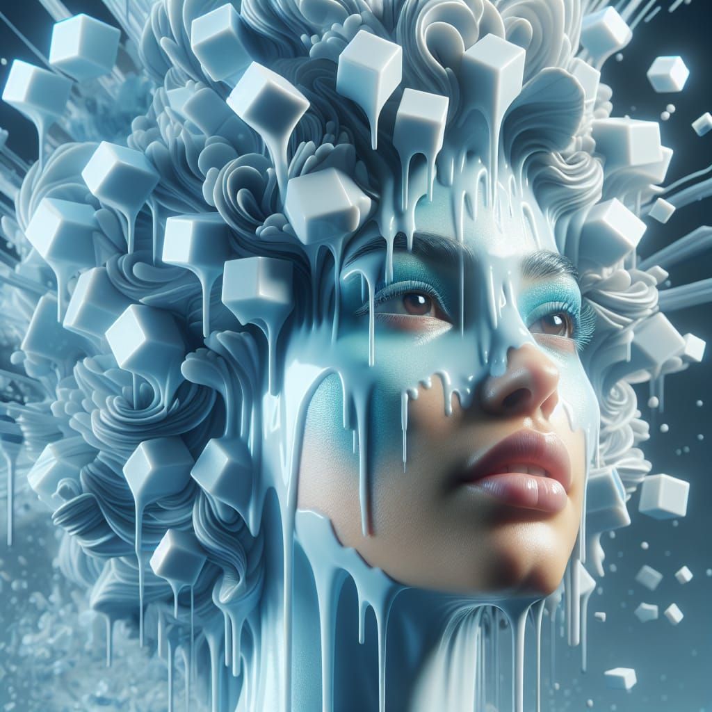 Surreal Latino Woman with Melting Cubes in Ethereal Light