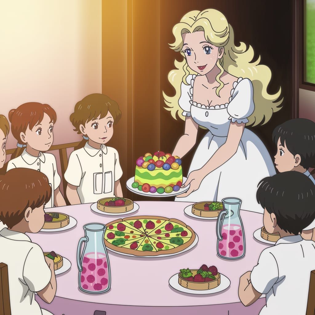 Anime Blonde Woman Serving Food to Children