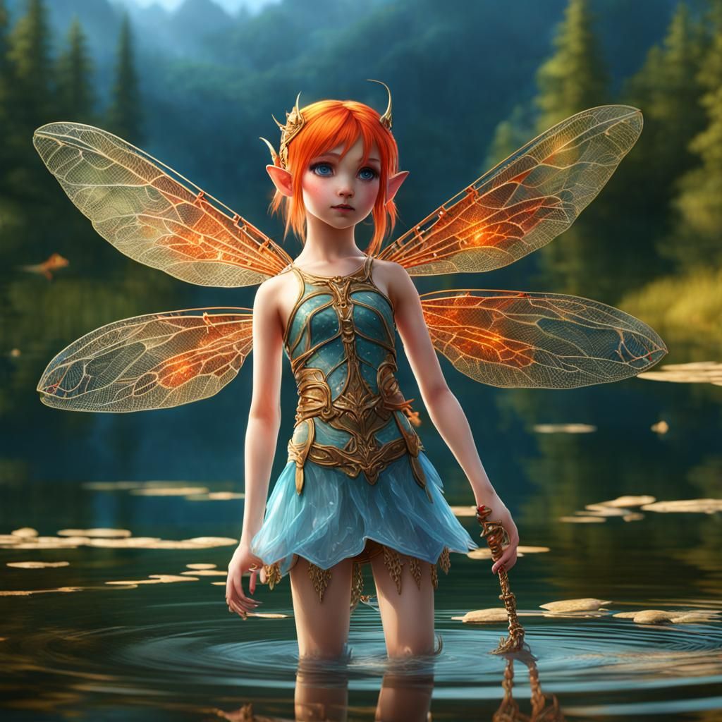 Tiny Elf Girl with Dragonfly Wings in Lake