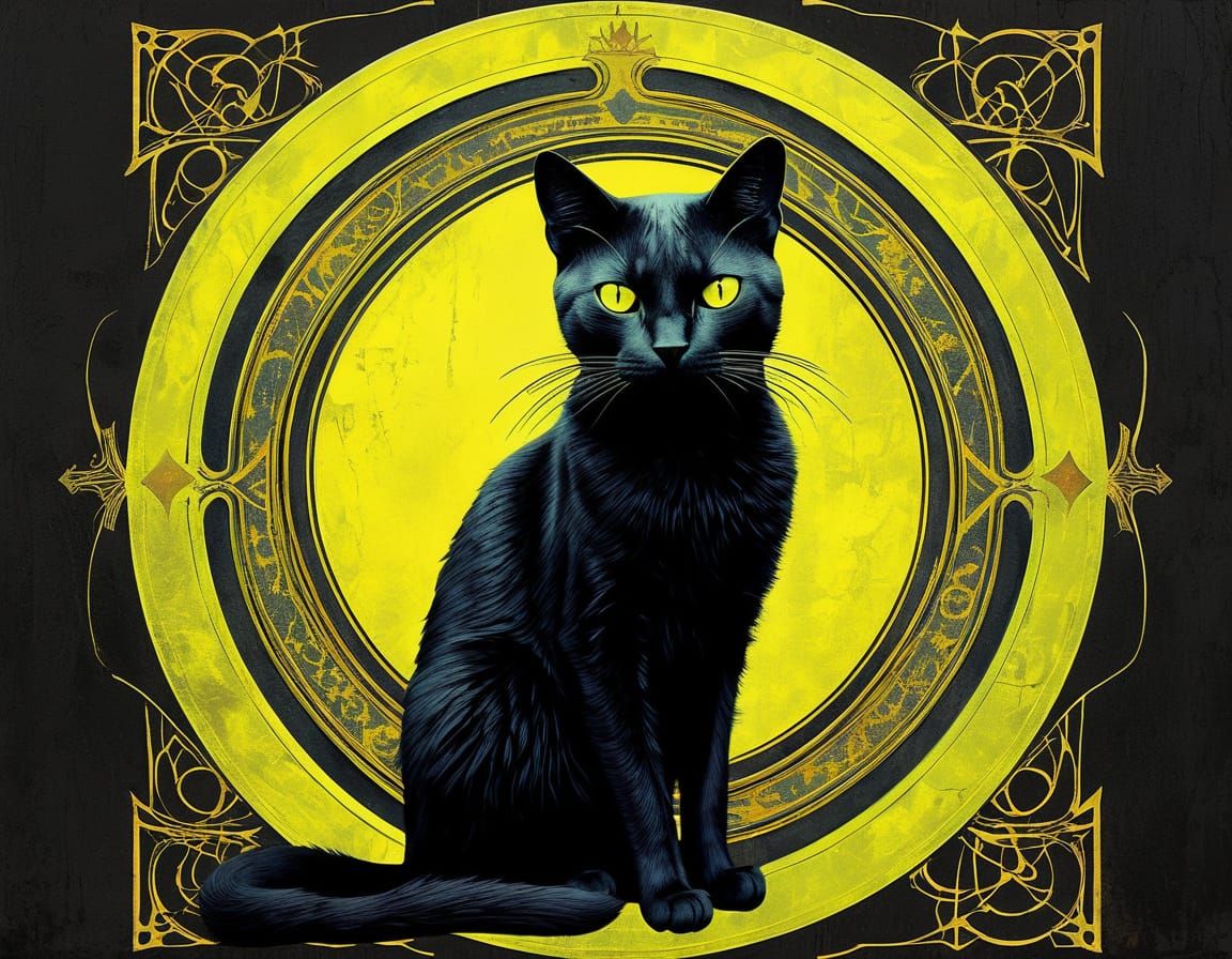 Mysterious Black Cat Confronts Art Deco Symbolism