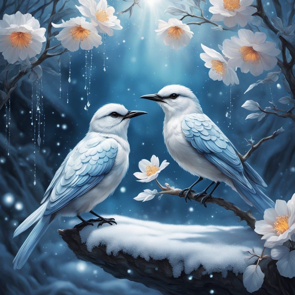 Fantasy Birds Shelter Flower in Moonlit Snow