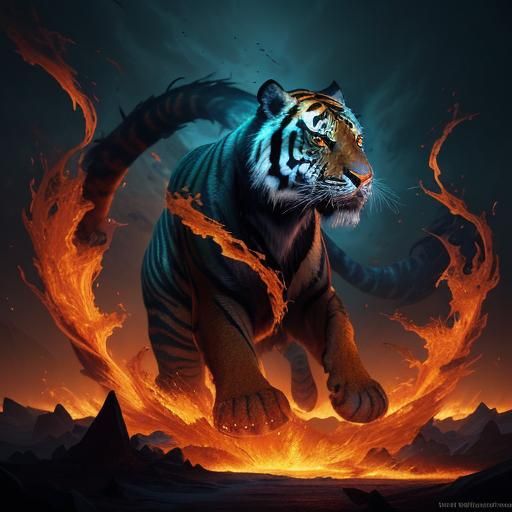 Fiery Tiger in Dark Fantasy Realm